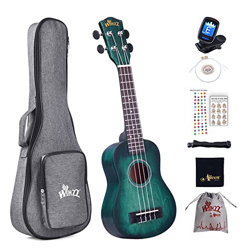 Winzz 21" Sopran Ukulele Anfänger Set Kinderm Erwachsene, Einzigartiges Farbdesign, mit Tasche, Stimmgerät, Zusätzlichen Saiten, Gurt, Noten-Aufkleber, Poliertuch-Dunkles Cyan von Winzz