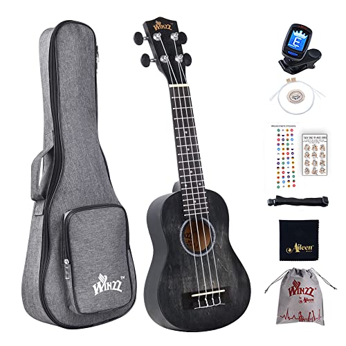 Winzz 21" Sopran Ukulele Anfänger Set Kinderm Erwachsene, Einzigartiges Farbdesign, mit Tasche, Stimmgerät, Zusätzlichen Saiten, Gurt, Noten-Aufkleber, Poliertuch-Schwarz von Winzz