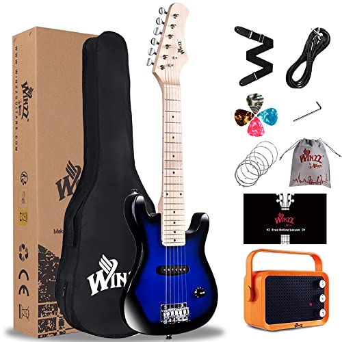 Winzz 30 Zoll Mini E-Gitarre Kinder Ahorn Griffbrett Elektrische Gitarre Anfänger Set für Kinder mit Verstärker, Farbe Blau von Winzz