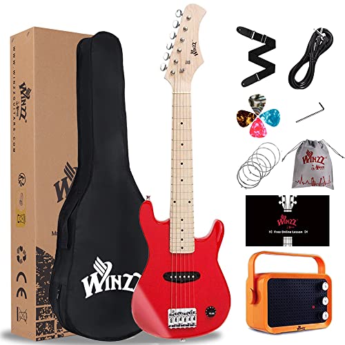 Winzz 30 Zoll Mini E-Gitarre Kinder Ahorn Griffbrett Elektrische Gitarre Anfänger Set für Kinder mit Verstärker, Farbe Rot von Winzz