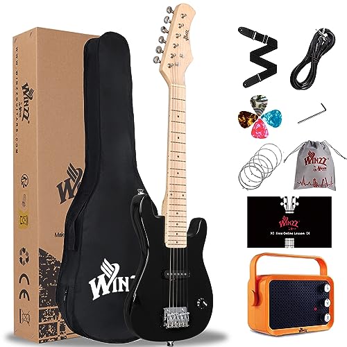 Winzz 30 Zoll Mini E-Gitarre Kinder Ahorn Griffbrett Elektrische Gitarre Anfänger Set für Kinder mit Verstärker (Schwarz) von Winzz