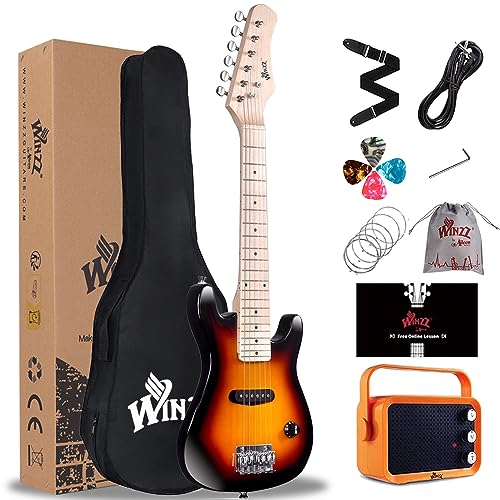 Winzz 30 Zoll Mini E-Gitarre Kinder Ahorn Griffbrett Elektrische Gitarre Anfänger Set für Kinder mit Verstärker (Sunburst) von Winzz