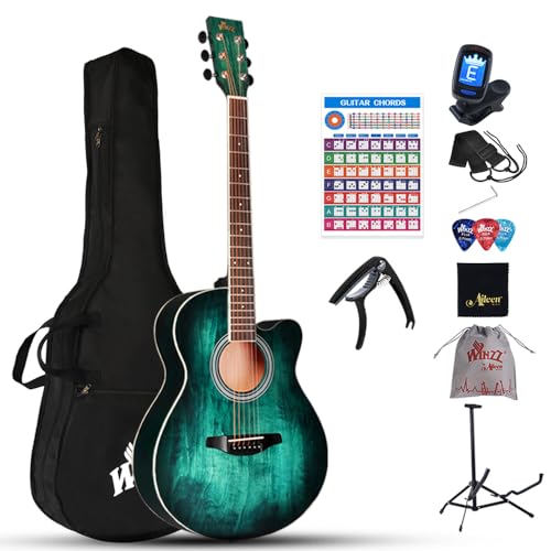 Winzz Akustikgitarre Blau-grün, Westerngitarre 40 Zoll, Gitarre Anfänger Set mit Gitarrenständer, Gitarren Plektrum, Gitarrengurt, Gitarrenstimmgerät, Gitarrentasche von Winzz