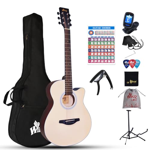 Winzz Akustikgitarre Natürlich, Westerngitarre 40 Zoll, Gitarre Anfänger Set mit Gitarre Tonabnehmer, Gitarrenständer, Gitarren Plektrum, Gitarrengurt, Gitarrenstimmgerät, Gitarrentasche von Winzz