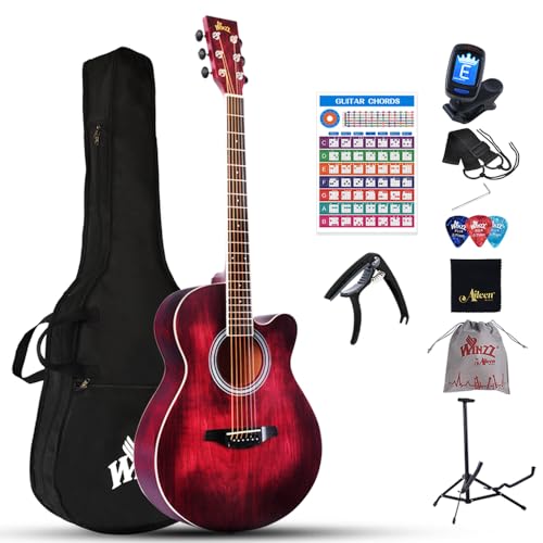 Winzz Akustikgitarre Rot, Westerngitarre 40 Zoll, Gitarre Anfänger Set mit Gitarre Tonabnehmer, Gitarrenständer, Gitarren Plektrum, Gitarrengurt, Gitarrenstimmgerät, Gitarrentasche von Winzz