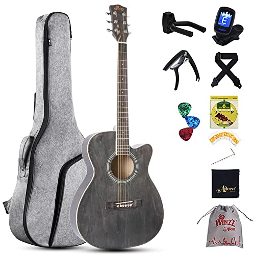 Winzz Gitarre Kinder 3/4, Akustik Gitarre Anfänger Set, Western Gitarre Erwachsene Kleiner Körper 36 Zoll, Reisegitarre Schwarz-Grau mit Stahlsaiten von Winzz