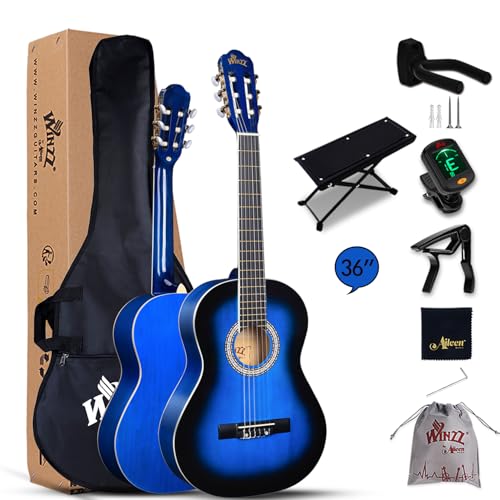 Winzz Konzertgitarre 3/4, Klassische Gitarre Anfänger Set für Kinder - Blau Glänzend (36 Zoll) von Winzz