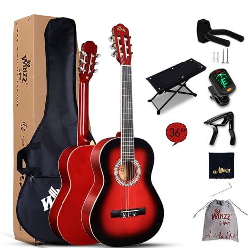 Winzz Konzertgitarre 3/4, Klassische Gitarre Anfänger Set für Kinder - Rot Glänzend (36 Zoll) von Winzz
