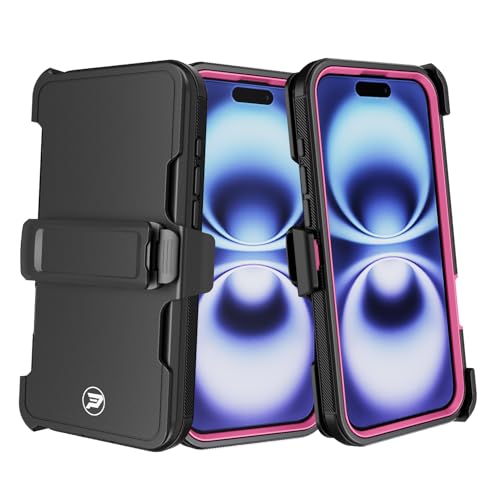 Wireless PROTECH Schutzhülle kompatibel mit Apple iPhone 16 Plus (Bildschirmgröße 6,7 Zoll), robustes Gürtelclip-Holster mit robustem dreilagigem TPU und Polycarbonat, glatte Schutzhülle, Schwarz/Rosa von Wireless PROTECH
