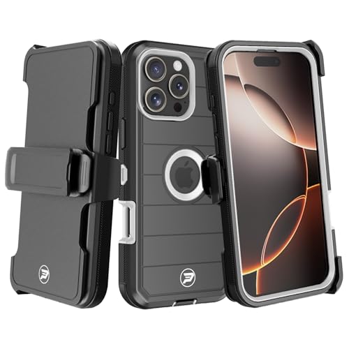 Wireless ProTech Schutzhülle kompatibel mit Apple iPhone 16 Pro Max (Bildschirmgröße 17,5 cm), robustes Gürtelclip-Holster mit robustem, dreilagigem TPU und PC-gefütterter Hülle (Schwarz/Weiß) von Wireless PROTECH