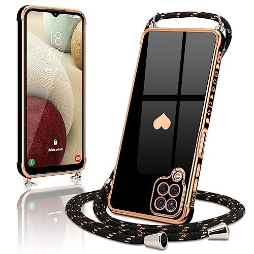 Wirvyuer Handykette Hülle Kompatibel mit Samsung Galaxy A12/M12 Handyhülle mit Band zum Umhängen Kameraschutz Liebesherz Galvanik Silikon Schutzhülle mit Halsband Case für Samsung A12/M12 Schwarz von Wirvyuer