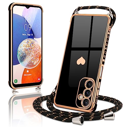 Wirvyuer Handykette Hülle Kompatibel mit Samsung Galaxy A14 5G Handyhülle mit Band zum Umhängen Kameraschutz Liebesherz Galvanik Silikon Schutzhülle mit Halsband Case für Samsung A14 5G Schwarz von Wirvyuer