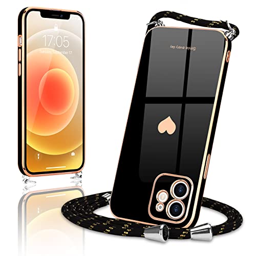 Wirvyuer Handykette Kompatibel mit iPhone 12 Handyhülle Necklace Hülle mit Band zum Umhängen Kameraschutz Liebesherz Schutzhülle mit Halsband Galvanik Silikon Umhängetasche für iPhone 12 Schwarz von Wirvyuer