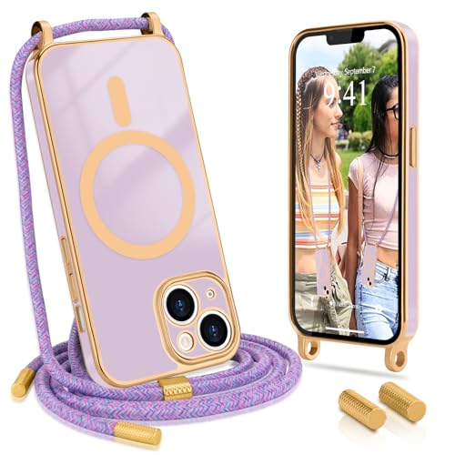 Wirvyuer Handykette Kompatibel mit iPhone 14(6.1") Hülle mit Band Magnetische Handyhülle Kameraschutz Galvanik Silikon Schutzhülle mit Kordel Case zum Umhängen für iPhone 14 Lavendel von Wirvyuer