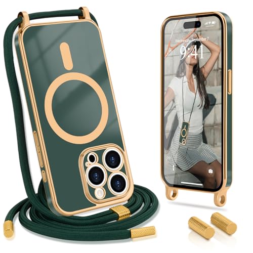Wirvyuer Handykette Kompatibel mit iPhone 14 Pro(6.1") Hülle mit Band Magnetische Handyhülle Kameraschutz Galvanik Silikon Schutzhülle mit Kordel Case zum Umhängen für iPhone 14 Pro Dunkelgrün von Wirvyuer