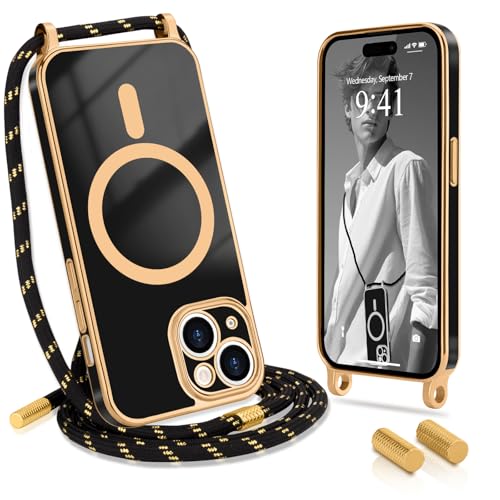 Wirvyuer Handykette Kompatibel mit iPhone 15(6.1") Hülle mit Band Magnetische Handyhülle Kameraschutz Galvanik Silikon Schutzhülle mit Kordel Case zum Umhängen für iPhone 15 Schwarz von Wirvyuer