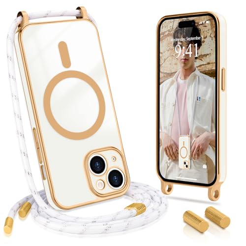 Wirvyuer Handykette Kompatibel mit iPhone 15(6.1") Hülle mit Band Magnetische Handyhülle Kameraschutz Galvanik Silikon Schutzhülle mit Kordel Case zum Umhängen für iPhone 15 Weiß von Wirvyuer
