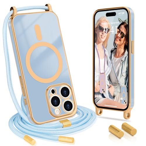 Wirvyuer Handykette Kompatibel mit iPhone 15 Pro(6.1") Hülle mit Band Magnetische Handyhülle Kameraschutz Galvanik Silikon Schutzhülle mit Kordel Case zum Umhängen für iPhone 15 Pro Blau von Wirvyuer