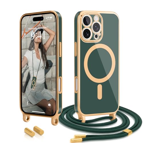 Wirvyuer Handykette Kompatibel mit iPhone 16 Pro(6.3") Hülle mit Band Magnetische Handyhülle Kameraschutz Galvanik Silikon Schutzhülle mit Kordel Case zum Umhängen für iPhone 16 Pro Dunkelgrün von Wirvyuer