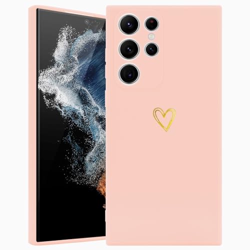 Wirvyuer Kompatibel mit Samsung Galaxy S22 Ultra 5G Handyhülle Mädchen Hülle Gold Liebesherz Weich Silikon Case Süßes Gold Love Slim Stoßfest Schutzhülle für Samsung S22 Ultra 5G Rosa von Wirvyuer