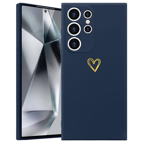 Wirvyuer Kompatibel mit Samsung Galaxy S24 Ultra 5G Handyhülle Mädchen Hülle Gold Liebesherz Weich Silikon Case Süßes Gold Love Slim Stoßfest Schutzhülle für Samsung S24 Ultra 5G Dunkelblau von Wirvyuer