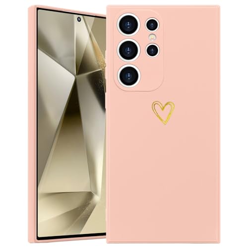 Wirvyuer Kompatibel mit Samsung Galaxy S24 Ultra 5G Handyhülle Mädchen Hülle Gold Liebesherz Weich Silikon Case Süßes Gold Love Slim Stoßfest Schutzhülle für Samsung S24 Ultra 5G Rosa von Wirvyuer