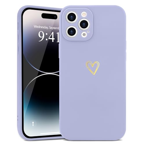 Wirvyuer Kompatibel mit iPhone 14 Pro Handyhülle Mädchen Hülle Gold Liebesherz Weich Silikon Case Süßes Gold Love Slim Stoßfest Schutzhülle für iPhone 14 Pro Flieder Lila von Wirvyuer