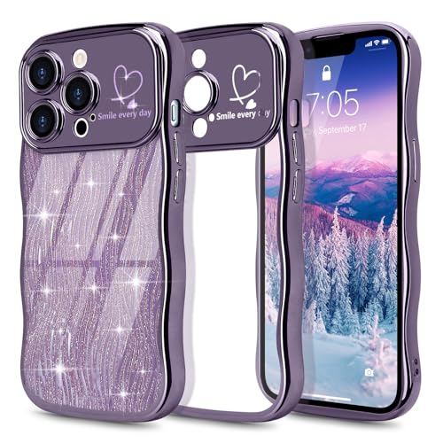 Wirvyuer Kompatibel mit iPhone 14 Pro Hülle Glitzer Wellen Lockige Form Handyhülle mit abnehmbaren Glitter Karte Transparent Schutzhülle Weiche Silikon Case für iPhone 14 Pro Dunkellila von Wirvyuer