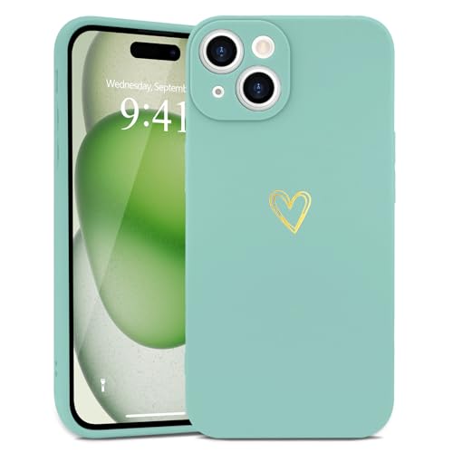 Wirvyuer Kompatibel mit iPhone 15 Handyhülle Mädchen Hülle Gold Liebesherz Weich Silikon Case Süßes Gold Love Slim Stoßfest Schutzhülle für iPhone 15 Duftendes Grün von Wirvyuer