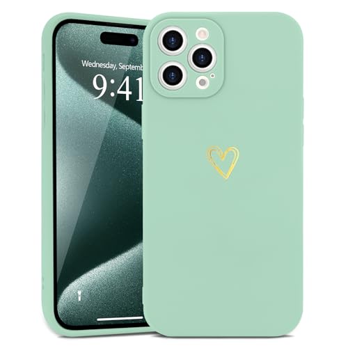 Wirvyuer Kompatibel mit iPhone 15 Pro Handyhülle Mädchen Hülle Gold Liebesherz Weich Silikon Case Süßes Gold Love Slim Stoßfest Schutzhülle für iPhone 15 Pro Hellgrün von Wirvyuer