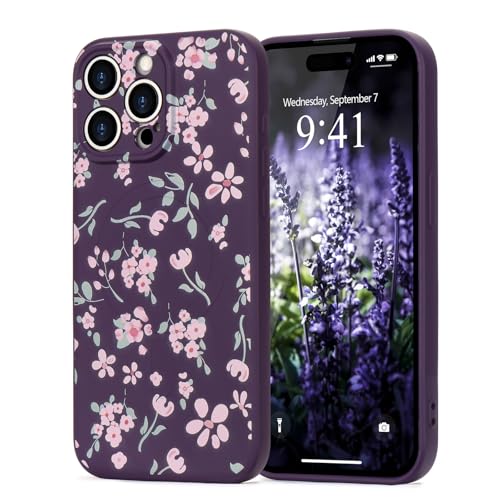 Wirvyuer Magnetisch Hülle für iPhone 15 Pro Max Handyhülle mit Blume Muster [Kompatibel mit MagSafe] Stoßfeste Silikon Schutzhülle für Frauen Mädchen Cute Case für iPhone 15 Pro Max Dunkellila von Wirvyuer