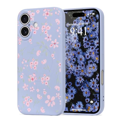 Wirvyuer Magnetisch Hülle für iPhone 16 Handyhülle mit Blume Muster [Kompatibel mit MagSafe] Stoßfeste Silikon Schutzhülle für Frauen Mädchen Cute Case für iPhone 16 Lila von Wirvyuer