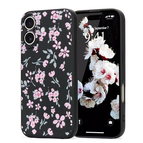 Wirvyuer Magnetisch Hülle für iPhone 16 Plus Handyhülle mit Blume Muster [Kompatibel mit MagSafe] Stoßfeste Silikon Schutzhülle für Frauen Mädchen Cute Case für iPhone 16 Plus Schwarz von Wirvyuer
