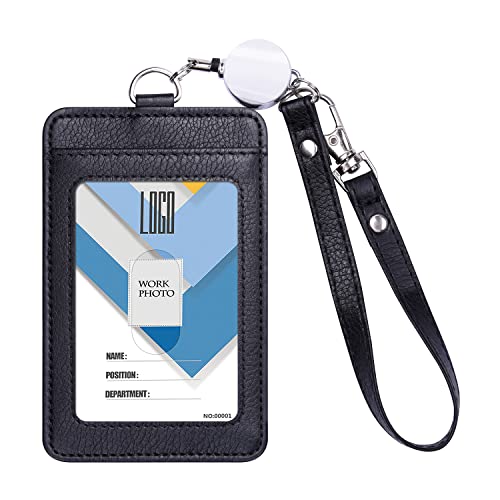 Wisdompro Ausweishalter Ausziehbar Leder, Ausweishülle mit Schlüsselband Kurz, Badge Holder für Ausweise, Kreditkarten, Busfahrkarten, Schwarz (Vertikal) von Wisdompro