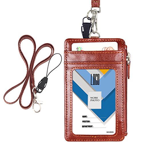 Wisdompro Ausweishülle mit Band, Kartenhalter Ausweis Leder mit 1 Reißverschluss Tasche, 1 Durchsichtig Ausweisfenster, 4 Kartenfach, 50cm Schlüsselband (Braun/Vertikal) von Wisdompro