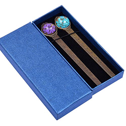 Wisdompro Lesezeichen Metall 2 Stück, Bookmark mit Geschenk Box, Lineal, Getrocknete Blumen, Lesezeichen Vintage sind Graduierung, Geburtstag, Urlaubsgeschenke für Buchliebhaber (Blau, Lila) von Wisdompro