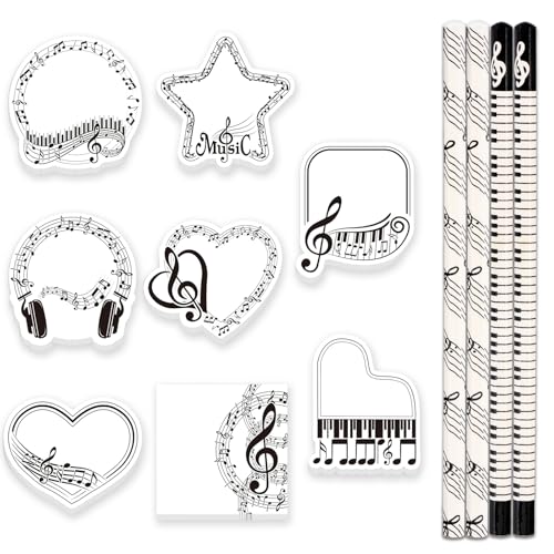 Wisebom 8Pcs Musik Thema Klebezettel Sticky Notes mit 4Pcs Musiknote Bleistifte, Haftnotizen Mit Musikmotiven, HB Standard Musik-Bleistift, Musik Schreibwaren für Kinder, Studenten, Schule, Bürobedarf von Wisebom