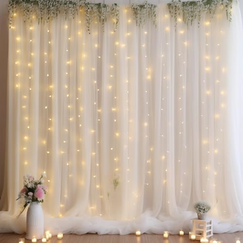 Chiffon-Hintergrundvorhang mit Lichterkette, knitterfrei, für Partys, Hochzeiten, Fotohintergründe, Vorhänge für Babyparty, Geburtstag, Party, Heimdekorationen, 3 x 3 m, cremeweiß Chiffon-Hintergrundvorhang mit Lichterkette, knitterfrei, für Partys, Hochzeiten, Fotohintergründe, Vorhänge für Babyparty, Geburtstag, Party, Heimdekorationen, 3 x 3 m, cremeweiß von Wish Care