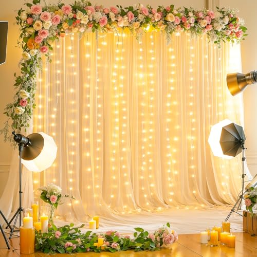 Faltenfreier Hintergrund, Vorhänge mit Lichterkette, für Partys, Fotovorhang, Hintergrund mit Lichtern für Hochzeitsdekorationen, Brautparty, Babyparty, Geburtstag, Fotografie, Hintergrund, 3 x 3 m Faltenfreier Hintergrund, Vorhänge mit Lichterkette, für Partys, Fotovorhang, Hintergrund mit Lichtern für Hochzeitsdekorationen, Brautparty, Babyparty, Geburtstag, Fotografie, Hintergrund, 3 x 3 m von Wish Care
