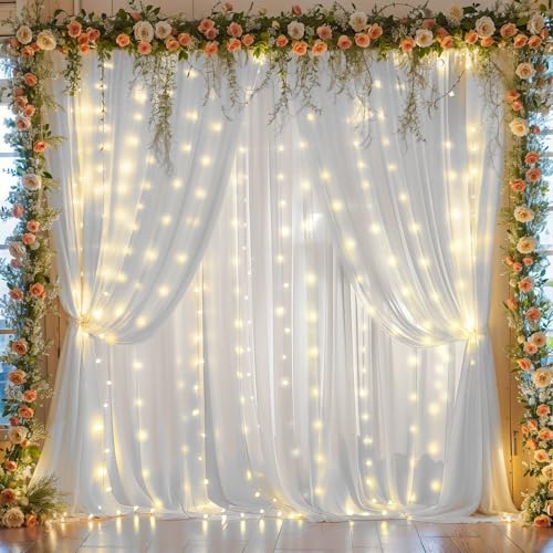 Weißer Chiffon-Hintergrundvorhang mit Lichterkette, für Pariten, Hochzeit, faltenfrei, Foto-Hintergründe, Vorhänge für Babyparty, Geburtstag, Party, Heimdekorationen Weißer Chiffon-Hintergrundvorhang mit Lichterkette, für Pariten, Hochzeit, faltenfrei, Foto-Hintergründe, Vorhänge für Babyparty, Geburtstag, Party, Heimdekorationen von Wish Care