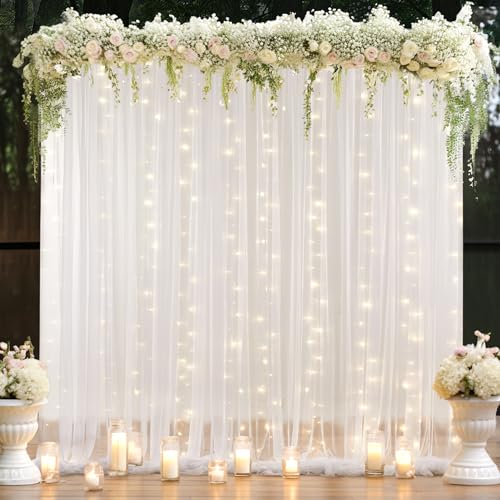 Tüll-Vorhang-Hintergrund mit Lichterkette, für Pariten, durchsichtiger Hintergrund, Vorhänge für Hochzeit, Foto, Babyparty, Fotografie, Geburtstagsparty, 3 x 2,4 m Tüll-Vorhang-Hintergrund mit Lichterkette, für Pariten, durchsichtiger Hintergrund, Vorhänge für Hochzeit, Foto, Babyparty, Fotografie, Geburtstagsparty, 3 x 2,4 m von Wish Care