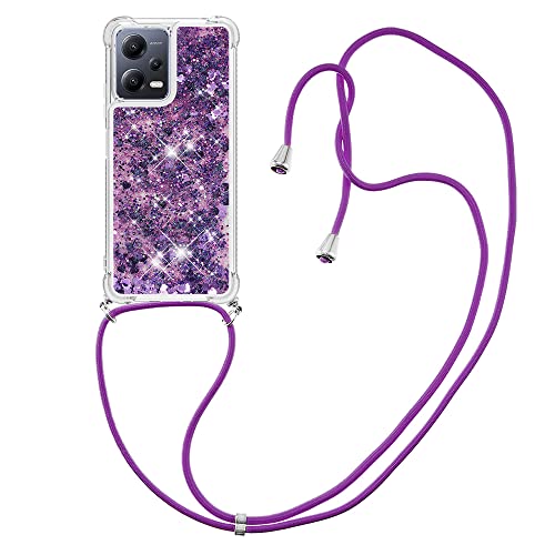 Handykette kompatibel mit für Redmi Note 12 5G/Xiaomi Poco X5 5G Hülle,Glitzer Hülle Flüssig Bewegende Treibsand Transparent Handyhülle - Silikonhülle, Hülle mit Band, Stylische Kette mit Hülle von Wishcover store