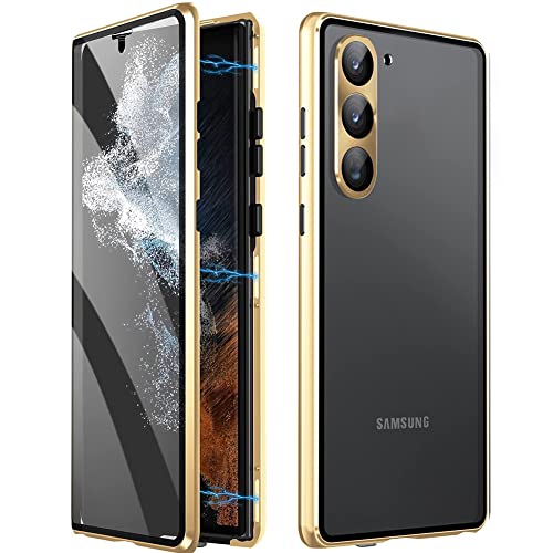 Hülle für Samsung Galaxy S24,Magnetische Adsorption+Metallrahmen Flip Handyhülle,Transparent Gehärtetes Glas Vorne und Hinten Cover mit 360 Grad Full Body Schutz Handyhülle Cover—Gold von Wishcover store