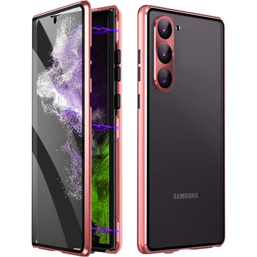 Hülle für Samsung Galaxy S24 Plus,Magnetische Adsorption+Metallrahmen Flip Handyhülle,Transparent Gehärtetes Glas Vorne und Hinten Cover mit 360 Grad Full Body Schutz Handyhülle Cover—Rotes von Wishcover store