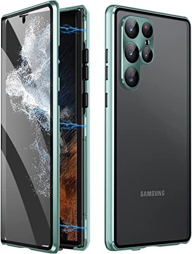 Hülle für Samsung Galaxy S24 Ultra,Magnetische Adsorption+Metallrahmen Flip Handyhülle,Transparent Gehärtetes Glas Vorne und Hinten Cover mit 360 Grad Full Body Schutz Handyhülle Cover—Grün von Wishcover store