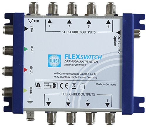 WISI FLEXSWITCH Multischalter DRR 0508 – Receiver-gespeister 5-in-8 Multiswitch mit passivem terrestrischem Zweig für 8 Teilnehmer – Für DVB-T/T2, DVB-S/S2, DAB & UKW, silber von Wisi