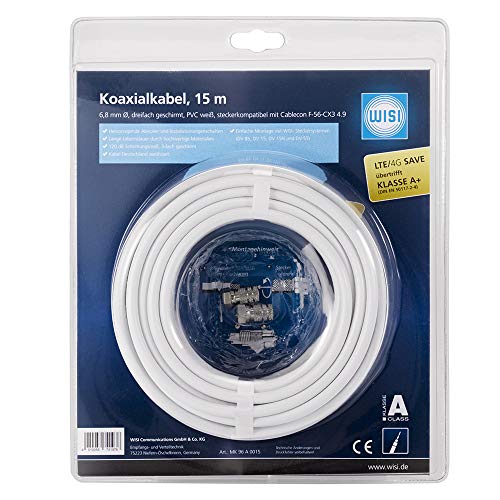 Wisi Koaxialkabel MK 96 A 0015 Antennenkabel 3-fach geschirmt, Klasse A+, >120dB Brandklasse Dca Für DVB-T, DVB-T2, DVB-C und DVB-S/S2 Durchmesser 6,8mm, 15m, weiß von Wisi