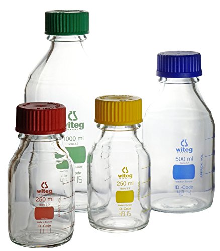 Laborflaschen 1000ml GL45 gelb graduiert mit PP-Schraubkappe und Augussring, hergestellt aus Borosilikatglas 3.3 mit witeg-Logo, komplette Verpackungseinheit von Witeg