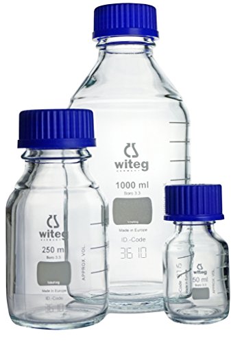 Laborflaschen 1000ml GL45 weiß graduiert mit PP-Schraubkappe und Augussring, hergestellt aus Borosilikatglas 3.3 mit witeg-Logo, komplette Verpackungseinheit von Witeg