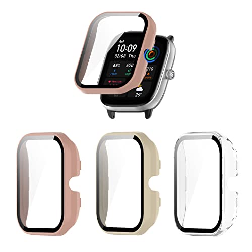 Wizvv 3 Stück Gehäuse mit gehärtetem Glas Bildschirmschutz kompatibel mit Amazfit GTS 4 Mini, harte PC-Schutzhülle für Amazfit GTS 4 Mini Smartwatch Zubehör-klar+rosa+weiss von Wizvv